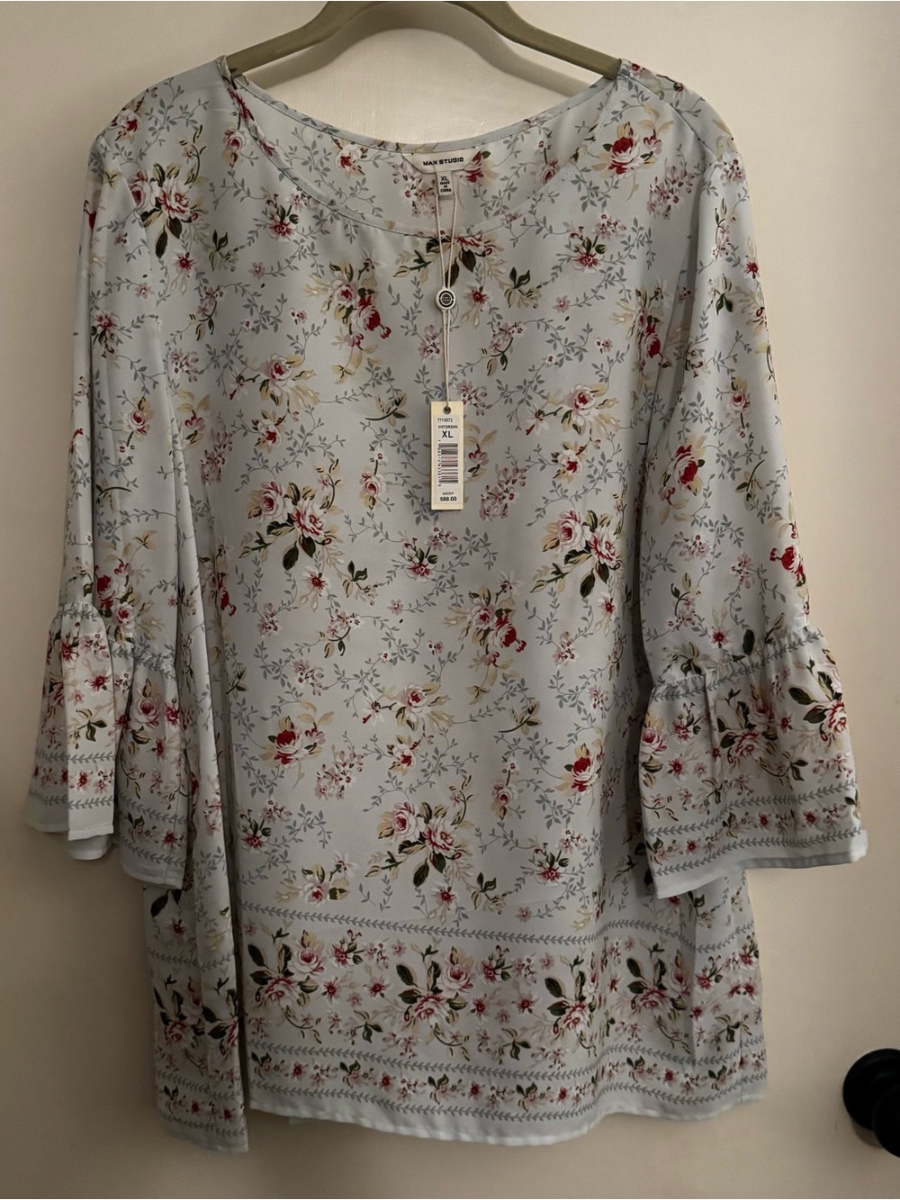 Max Studio Pale Blue Floral Tie-Neck Blouse